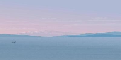 Minimalist seascape with fishing boat followed by seagulls have mountain and twilight sky background graphic illustration have blank space. vector