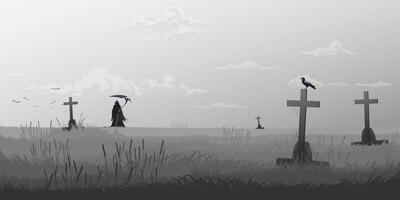 Angel of Death in graveyard in foggy day monochromatic color vector