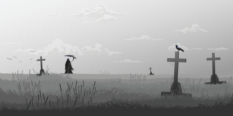 Angel of Death in graveyard in foggy day monochromatic color
