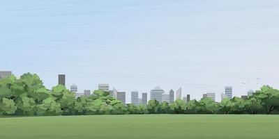 Public park in the city with skyscraper behind graphic illustration have blank space at blue sky background. vector