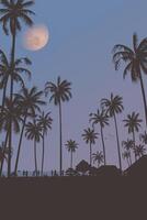 Silhouetted coconut palm trees at the beach with half moon and twilight sky vertical background fade condition graphic illustration. vector
