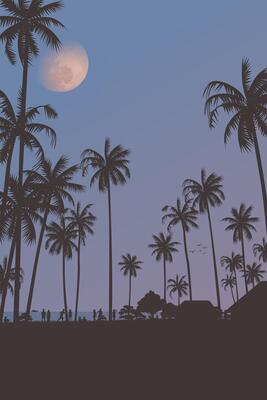 Silhouetted coconut palm trees at the beach with half moon and twilight sky vertical background fade condition graphic illustration.