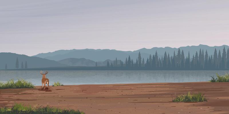 Countryside landscape of muddy area with deer, lake, pine forest and mountain ranges