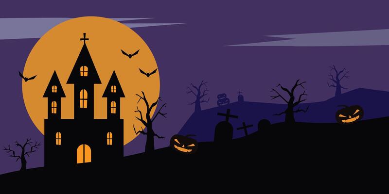 halloween poster abstract, background castle, tree and creepy pumpkins of spooky halloween haunted mansion