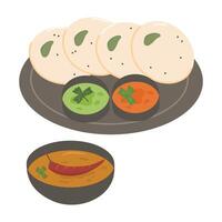 idly or Idli with Sambhar and green chutney vector