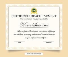Business achievement credential design with white and golden colors Printable award certificate and diploma paper. Credential frame border design with calligraphy and dark colors. vector