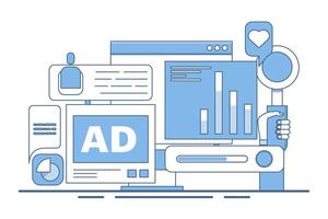 Social media analysis concept, Monitoring content performance on social media, Advertising campaign analysis report with graphs and charts, flat illustration on background. vector