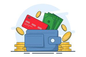 Money wallet concept. Coins, wallet, payment card, money icon. transfer money to wallet, use wallet, Great for landing pages, UI, web, app intro cards, editorials, flyers and banners. vector
