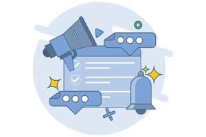 concept of notification via call. megaphone and pop-up tooltips, alert notifications, new important messages. Urgent online call. Attention sign. Social media reminder. flat illustration. vector
