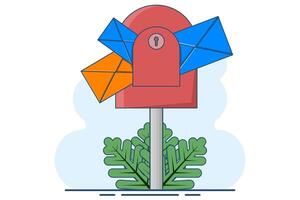 concept of New message or communication. mailbox with letters in envelopes. Mailbox. Business correspondence, subscription. Mail inbox and mailbox. Open the post box. Postal service. flat . vector