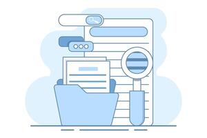 Concept of searching files in files, Magnifying glass with file search, Explore with electronic databases, electronic storage and archives. Flat illustration isolated on background. vector