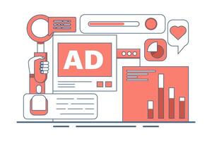 Social media analysis concept, Monitoring content performance on social media, Advertising campaign analysis report with graphs and charts, flat illustration on background. vector