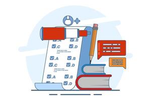 Concept Invite friends to do a questionnaire. online survey. choose answers to questions in digital questionnaires using the application. Flat illustration on background. vector