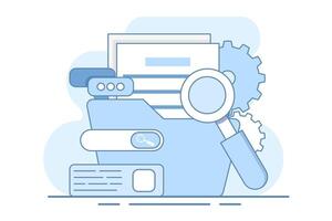 Concept of searching files in files, Magnifying glass with file search, Explore with electronic databases, electronic storage and archives. Flat illustration isolated on background. vector