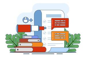 Concept Invite friends to do a questionnaire. online survey. choose answers to questions in digital questionnaires using the application. Flat illustration on background. vector
