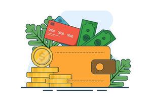 Money wallet concept. Coins, wallet, payment card, money icon. transfer money to wallet, use wallet, Great for landing pages, UI, web, app intro cards, editorials, flyers and banners. vector