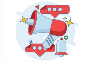 concept of notification via call. megaphone and pop-up tooltips, alert notifications, new important messages. Urgent online call. Attention sign. Social media reminder. flat illustration. vector