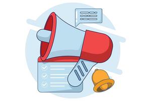 concept of notification via call. megaphone and pop-up tooltips, alert notifications, new important messages. Urgent online call. Attention sign. Social media reminder. flat illustration. vector