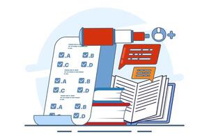 Concept Invite friends to do a questionnaire. online survey. choose answers to questions in digital questionnaires using the application. Flat illustration on background. vector