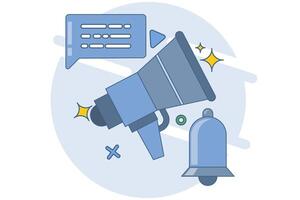 concept of notification via call. megaphone and pop-up tooltips, alert notifications, new important messages. Urgent online call. Attention sign. Social media reminder. flat illustration. vector