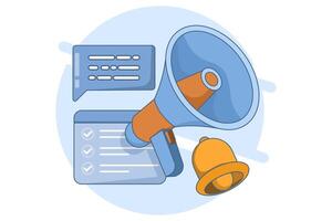 concept of notification via call. megaphone and pop-up tooltips, alert notifications, new important messages. Urgent online call. Attention sign. Social media reminder. flat illustration. vector