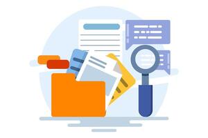 Concept of searching files in files, Magnifying glass with file search, Explore with electronic databases, electronic storage and archives. Flat illustration isolated on background. vector