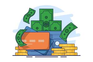 Money wallet concept. Coins, wallet, payment card, money icon. transfer money to wallet, use wallet, Great for landing pages, UI, web, app intro cards, editorials, flyers and banners. vector