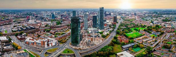 Aerial drone view of Manchester city in UK on a beautiful sunny day. photo