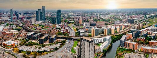 Aerial drone view of Manchester city in UK on a beautiful sunny day. photo