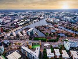 Aerial drone view of Manchester city in UK on a beautiful sunny day. photo