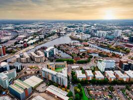 Aerial drone view of Manchester city in UK on a beautiful sunny day. photo