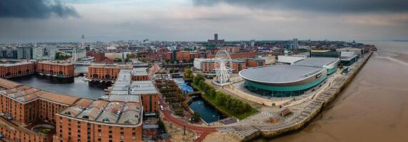Liverpool, Merseyside, England September 20th, 2021 Aerial view of Liverpool Skyline and the Mersey river. Waterfront in the evening. photo