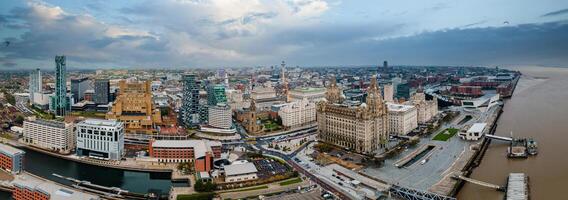 Liverpool, Merseyside, England September 20th, 2021 Aerial view of Liverpool Skyline and the Mersey river. Waterfront in the evening. photo