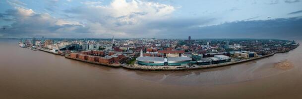 Liverpool, Merseyside, England September 20th, 2021 Aerial view of Liverpool Skyline and the Mersey river. Waterfront in the evening. photo