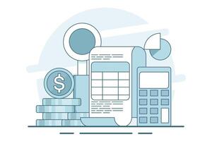 concept of calculating business profits, analyzing business data, calculating budgets, profits and losses, generating report graphs from data, calculator with spreadsheet creation reports. . vector
