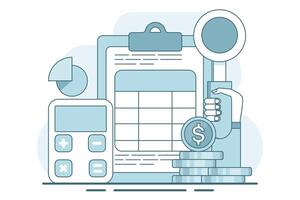 concept of calculating business profits, analyzing business data, calculating budgets, profits and losses, generating report graphs from data, calculator with spreadsheet creation reports. . vector