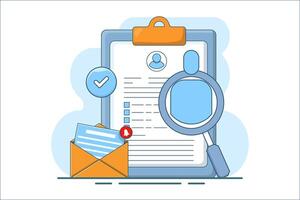 Job recruitment concept. Online job interview, HR Manager looking for potential job candidates and analyzing CV, applying for job positions, job recruitment process. Flat illustration. vector