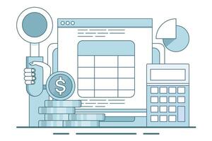 concept of calculating business profits, analyzing business data, calculating budgets, profits and losses, generating report graphs from data, calculator with spreadsheet creation reports. . vector