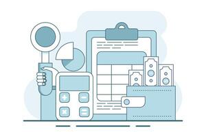 concept of calculating business profits, analyzing business data, calculating budgets, profits and losses, generating report graphs from data, calculator with spreadsheet creation reports. . vector
