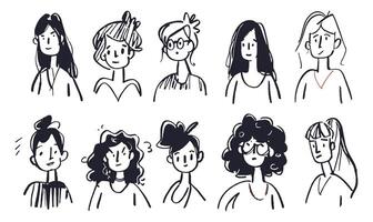 A set of ten diverse, black and white cartoon-style female avatars. Each character features a unique hairstyle and facial expression vector