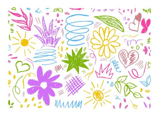Bright colorful seamless pattern with children's flowers and squiggles. Trendy charcoal pencil elements for kids. Objects cloud, sun, flower, leaves, plants, strokes, scribbles, heart, petal.