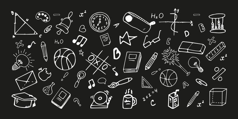 Back to School Doodle Stationery Set. School Elements Collection on Black Background. Illustration Hand Drawn, Book, Clock, Cube, Light Bulb, Basketball, Book, Pen, Notes, Brush, Magnifying Glass.