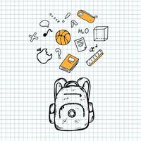 Doodle school supplies elements on squared notebook. Hand drawn. llustration of backpack, ball, ruler, book, cube. Back to school elements for banners, posters, mobile apps. vector
