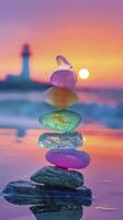A stack of pastel-colored sea glass stones, balanced on top of each other with the sunset and lighthouse in the background photo