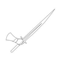 Hand holding sword continuous line art drawing. Hand drawn sword outline isolated on white background. vector