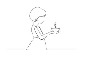 Little girl holding Diya lamp for festival continuous single line art isolated on white background. vector
