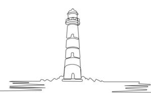 Hand-drawn lighthouse tower one-line art drawing. Tower continuous outline isolated on white background. vector