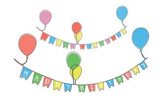 Happy Birthday banner continuous line art in doodle style. Birthday party element design with balloons. vector