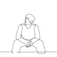 man sits with his legs spread wide apart, his elbows resting on his laps and his fingers intertwined - one line art . concept manspreading vector