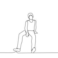man sits relaxed, legs wide apart, at full height - one line art . concept manspreading, resting, laziness vector
